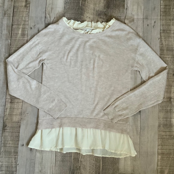 Hinge Oatmeal Beige Lightweight Cotton Blend Sweater Silk Ruffle SZ S - Picture 2 of 8
